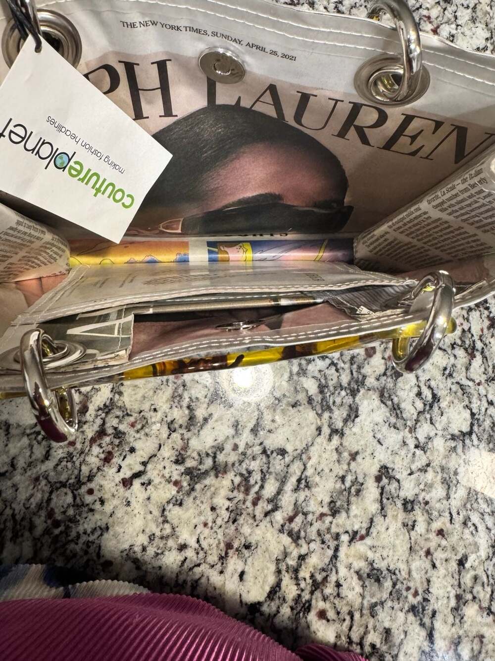 Couture Planet Recycled Magazine Wine Print Tote Bag Tortoise Handles - Picture 6 of 6